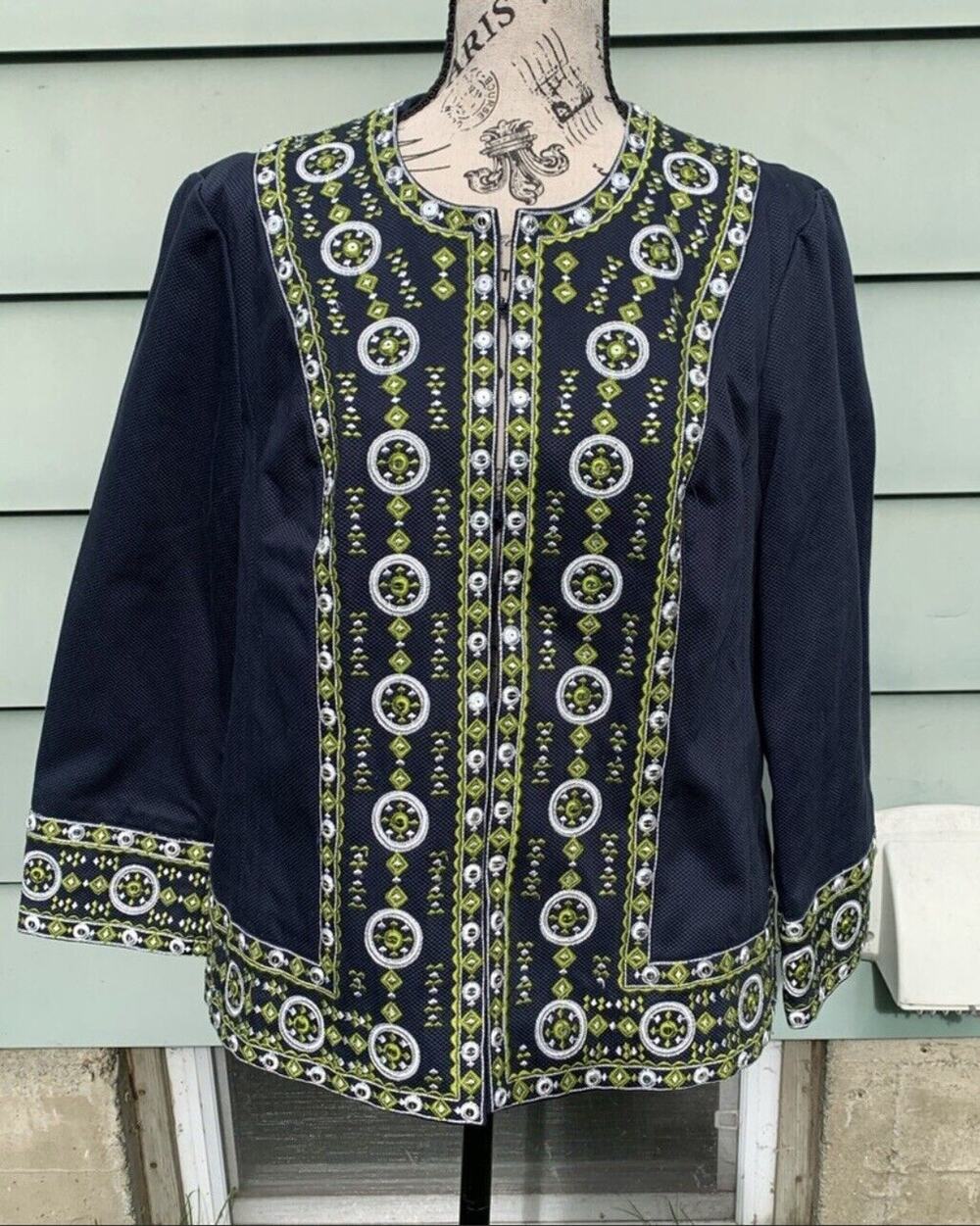 Victor Costa occasion boho navy blue light green silver patterned jacket